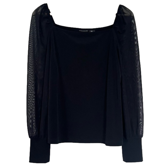 Tahari Tops - Black Tahari Puff Sleeve Blouse Sheer Elegance with Delicate Square Neckline L